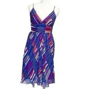 Minuet Purple colorful silk midi overlay casual dress sleeveless Sz m v neck